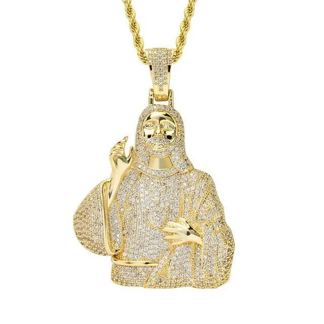 Unisex Iced Out 2 Colors Cz Stone Jesus Pendant Necklace with Chain