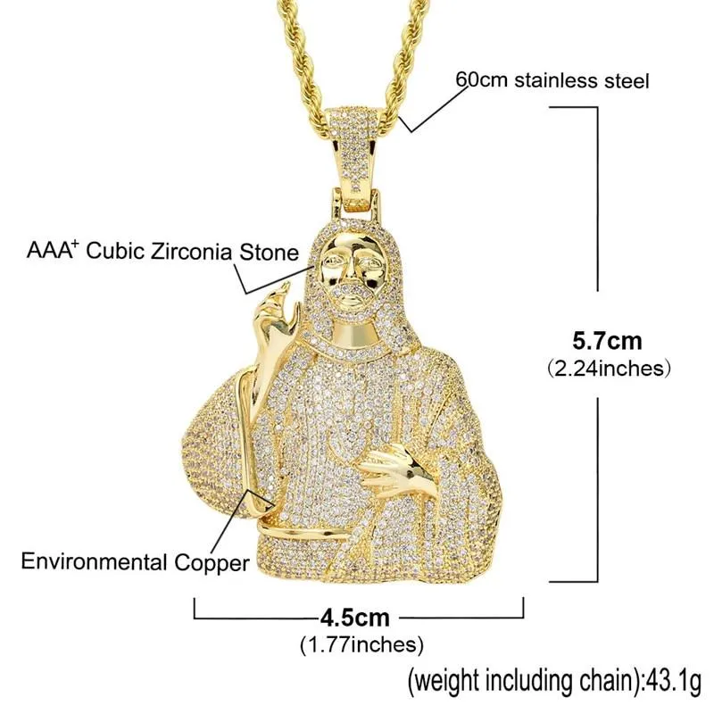 Unisex Iced Out 2 Colors Cz Stone Jesus Pendant Necklace with Chain