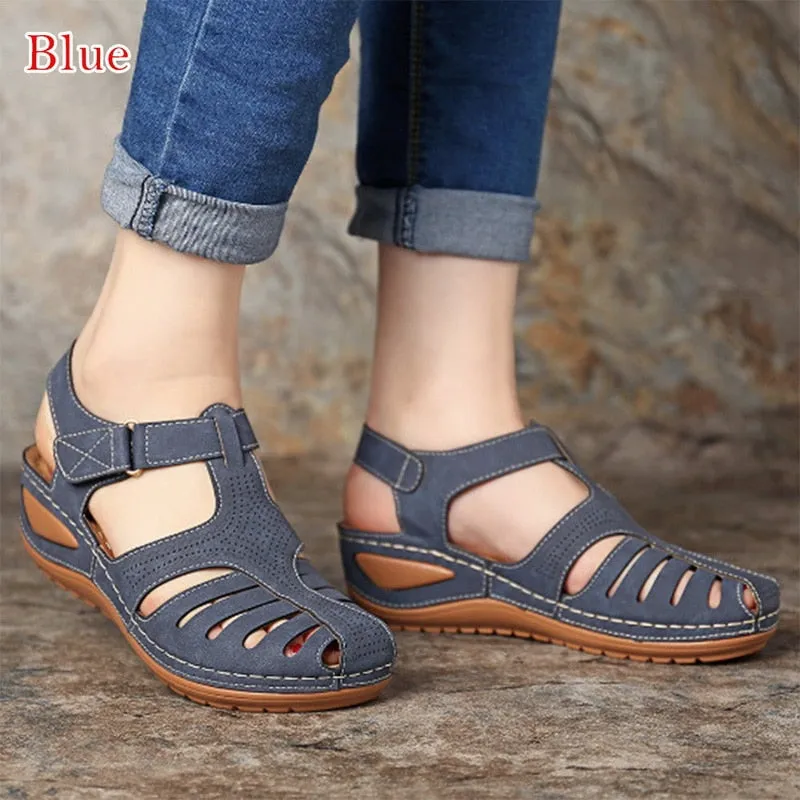 Women's Retro Style Side Open Vamp Slip-On Cover Heel Sandals